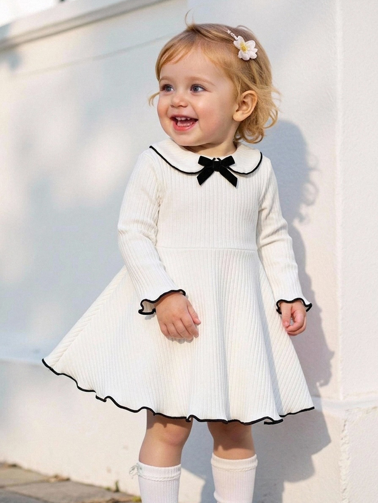 Babygirl Cute Preppy Style Knitted White Bow Collar Doll Dress - White - View 2