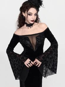 ROMWE Gothic Off-Shoulder Elegant Sexy Lace Patchwork Velvet Long Dress For Women - Black - View 6