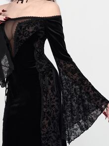 ROMWE Gothic Off-Shoulder Elegant Sexy Lace Patchwork Velvet Long Dress For Women - Black - View 3