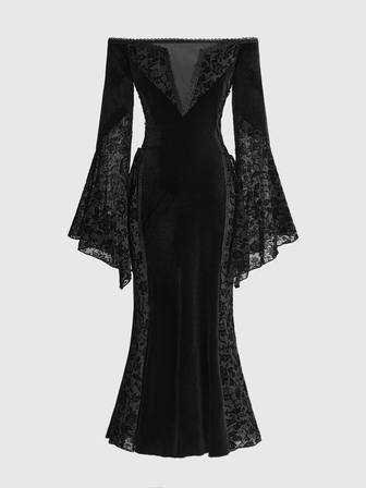 Goth Vestido largo elegante y sexy de terciopelo con patchwork de encaje y hombros descubiertos de estilo gótico para mujeres