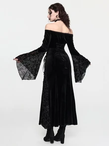 ROMWE Gothic Off-Shoulder Elegant Sexy Lace Patchwork Velvet Long Dress For Women - Black - View 2