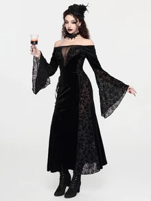 ROMWE Gothic Off-Shoulder Elegant Sexy Lace Patchwork Velvet Long Dress For Women - Black - View 1