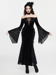 ROMWE Gothic Off-Shoulder Elegant Sexy Lace Patchwork Velvet Long Dress For Women - Black - View 5