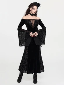 ROMWE Gothic Off-Shoulder Elegant Sexy Lace Patchwork Velvet Long Dress For Women - Black - View 4