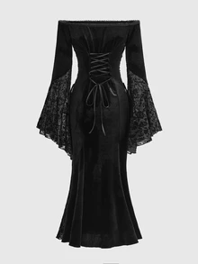 ROMWE Gothic Off-Shoulder Elegant Sexy Lace Patchwork Velvet Long Dress For Women - Black - View 8