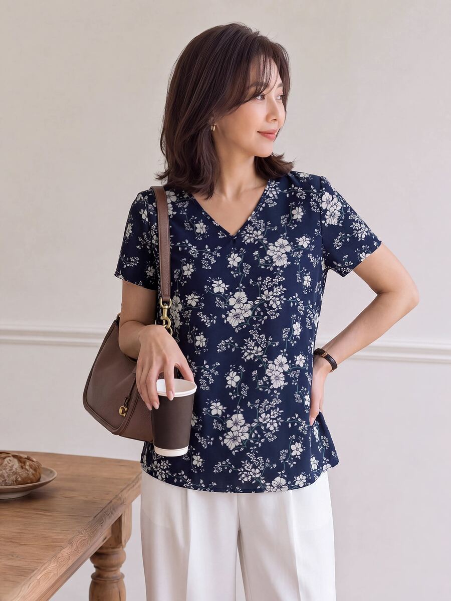 Yumoku Floral Print V Neck Blouse,Short Sleeve Tops - Blue and White - View 1