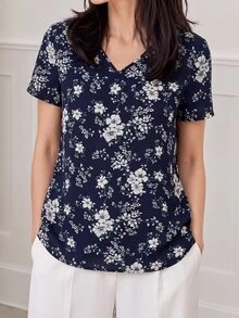 Yumoku Floral Print V Neck Blouse,Short Sleeve Tops - Blue and White - View 7