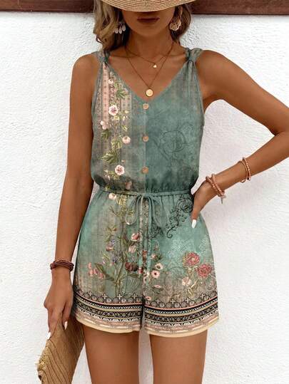 SHEIN Frenchy Women's Jumpsuit Casual Minimalist Vacation Bohemian Elegant Romantic Vintage Dusty Green Distressed Print Pattern Women's Commute Outfit, Music Festival, Beach Outfit, Vacation Outfit, Women's Summer Outfit