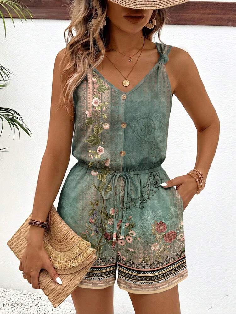 SHEIN Frenchy Women's Jumpsuit Casual Minimalist Vacation Bohemian Elegant Romantic Vintage Dusty Green Distressed Print Pattern Women's Commute Outfit, Music Festival, Beach Outfit, Vacation Outfit, Women's Summer Outfit - Multicolor - View 3