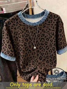 Resyla Große Größen Leopardenmuster Grafik T-Shirt, Sommer, Mode Geschenk für Schwestern, Geschenk für Mütter, Lässiger minimalistischer Stil Top - Verschiedenfarbig - Übersicht 1
