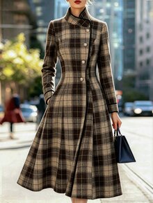 Balvessa Button A-Line Overcoat For Women, Elegant Party, Commute, Office And Outdoor Wear, Autumn/Winter - Navy Blue - View 4
