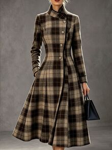 Balvessa Button A-Line Overcoat For Women, Elegant Party, Commute, Office And Outdoor Wear, Autumn/Winter - Navy Blue - View 1