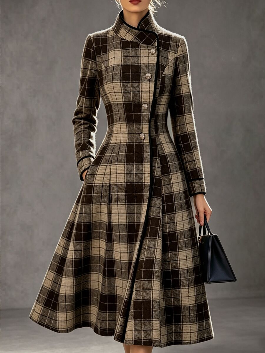 Balvessa Button A-Line Overcoat For Women, Elegant Party, Commute, Office And Outdoor Wear, Autumn/Winter - Navy Blue - View 1