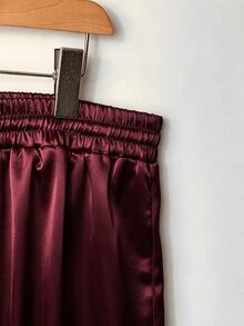 Franclia 大尺碼女款緞面抽繩綁腰直筒褲，優雅酒紅色秋季絲綢寬腿闊腿褲，鬆緊腰哈倫褲 - 酒紅色 - 查看 3