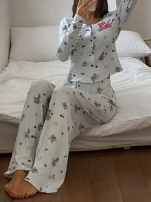 TOM AND JERRY X DAZY Women's Letter Cartoon Print Long Sleeve Top And Pants Casual Daily Home Sleepwear Set Fall Pajama - Grey - View 7