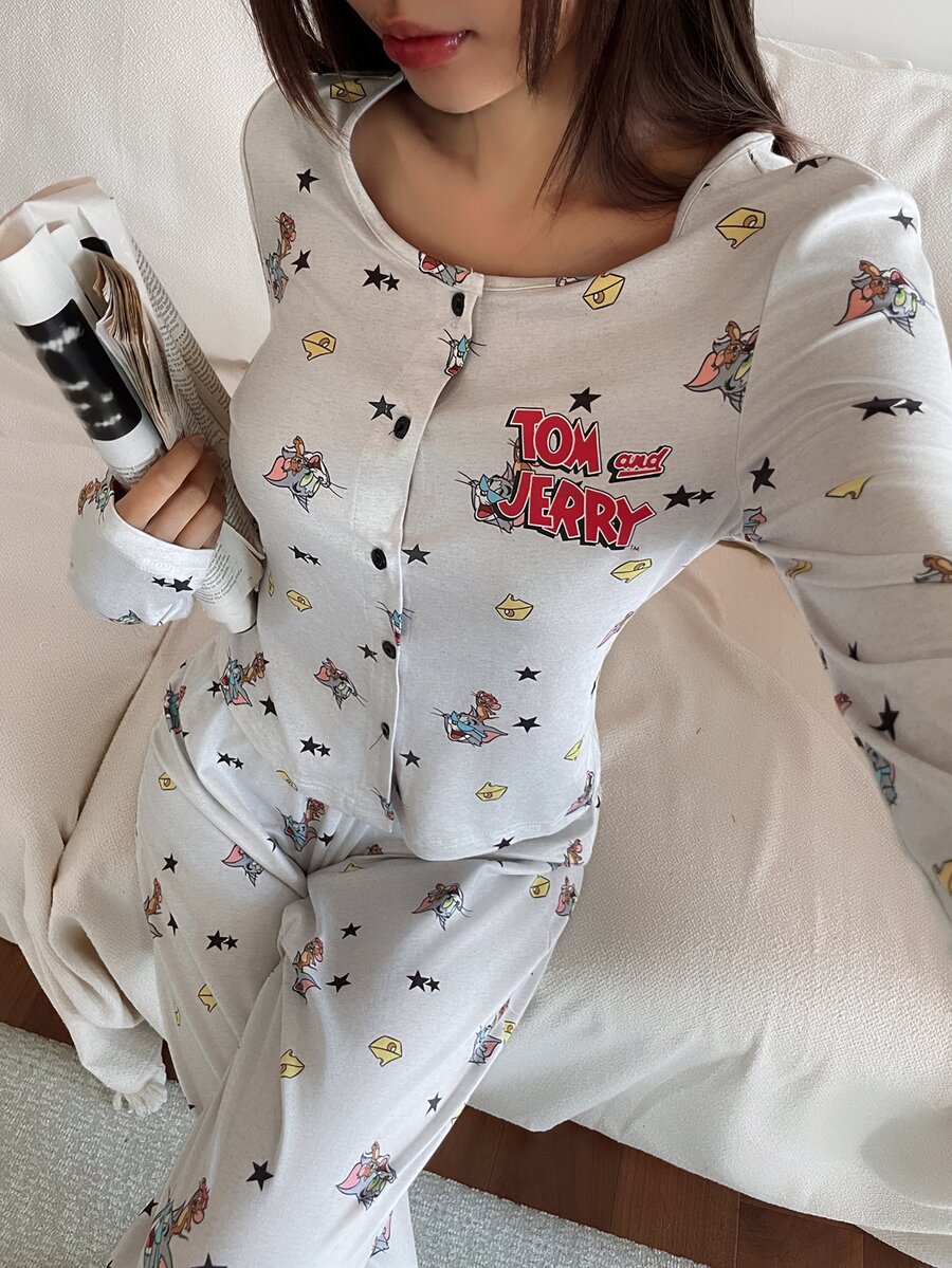 TOM AND JERRY X DAZY Women's Letter Cartoon Print Long Sleeve Top And Pants Casual Daily Home Sleepwear Set Fall Pajama - Grey - View 1