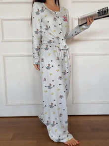 TOM AND JERRY X DAZY Women's Letter Cartoon Print Long Sleeve Top And Pants Casual Daily Home Sleepwear Set Fall Pajama - Grey - View 6