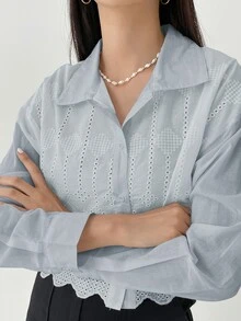 DAZY Women Fashionable Solid Color Mesh Hollow Out Long Sleeve Shirt,Long Sleeve Tops,Fall Women Clothes - Blue - View 3