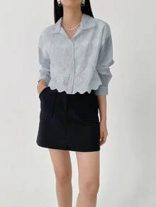 DAZY Women Fashionable Solid Color Mesh Hollow Out Long Sleeve Shirt,Long Sleeve Tops,Fall Women Clothes - Blue - View 4