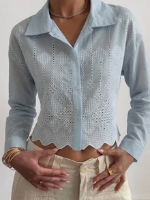 DAZY Women Fashionable Solid Color Mesh Hollow Out Long Sleeve Shirt,Long Sleeve Tops,Fall Women Clothes - Blue - View 6