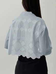 DAZY Women Fashionable Solid Color Mesh Hollow Out Long Sleeve Shirt,Long Sleeve Tops,Fall Women Clothes - Blue - View 2