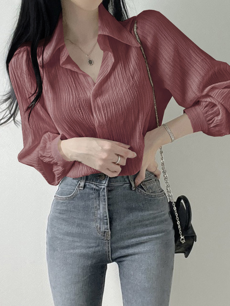 DAZY Women Pleated Solid Color Loose Turndown Collar Blouse, Pink, Spring/Summer/Autumn,Back To School Clothes,Fall Women Clothes Long Sleeve Top Cute Tops - Dusty Pink - View 3