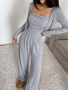 DAZY Women'S Short Jacket, Pleated Camisole Top And Wide Leg Pants 2pcs Outfit Set Lounge Sets For Women - Grey - View 8
