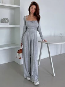 DAZY Women'S Short Jacket, Pleated Camisole Top And Wide Leg Pants 2pcs Outfit Set Lounge Sets For Women - Grey - View 7