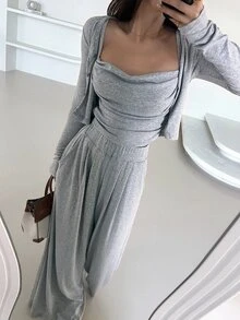 DAZY Women'S Short Jacket, Pleated Camisole Top And Wide Leg Pants 2pcs Outfit Set Lounge Sets For Women - Grey - View 4