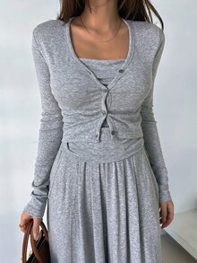 DAZY Women'S Short Jacket, Pleated Camisole Top And Wide Leg Pants 2pcs Outfit Set Lounge Sets For Women - Grey - View 6