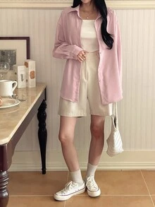 DAZY Casual Striped Loose Fit Drop Shoulder Long Sleeve Shirt, Spring/Summer,Fall Clothes - Baby Pink - View 4