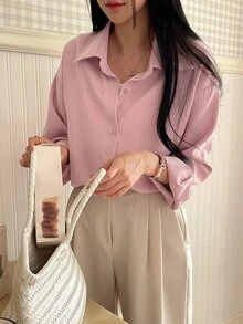 DAZY Casual Striped Loose Fit Drop Shoulder Long Sleeve Shirt, Spring/Summer,Fall Clothes - Baby Pink - View 8