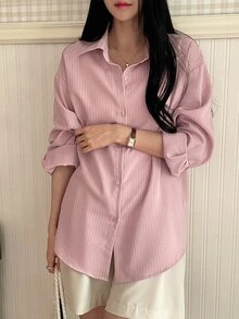 DAZY Casual Striped Loose Fit Drop Shoulder Long Sleeve Shirt, Spring/Summer,Fall Clothes - Baby Pink - View 2