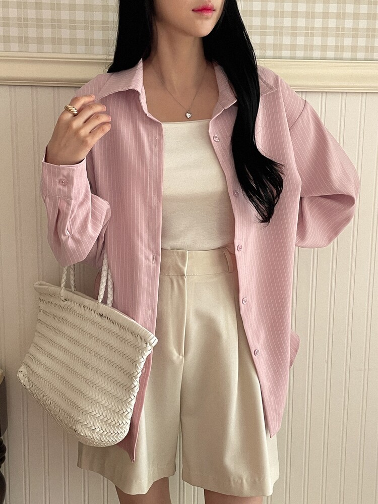 DAZY Casual Striped Loose Fit Drop Shoulder Long Sleeve Shirt, Spring/Summer,Fall Clothes - Baby Pink - View 6