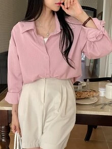 DAZY Casual Striped Loose Fit Drop Shoulder Long Sleeve Shirt, Spring/Summer,Fall Clothes - Baby Pink - View 3