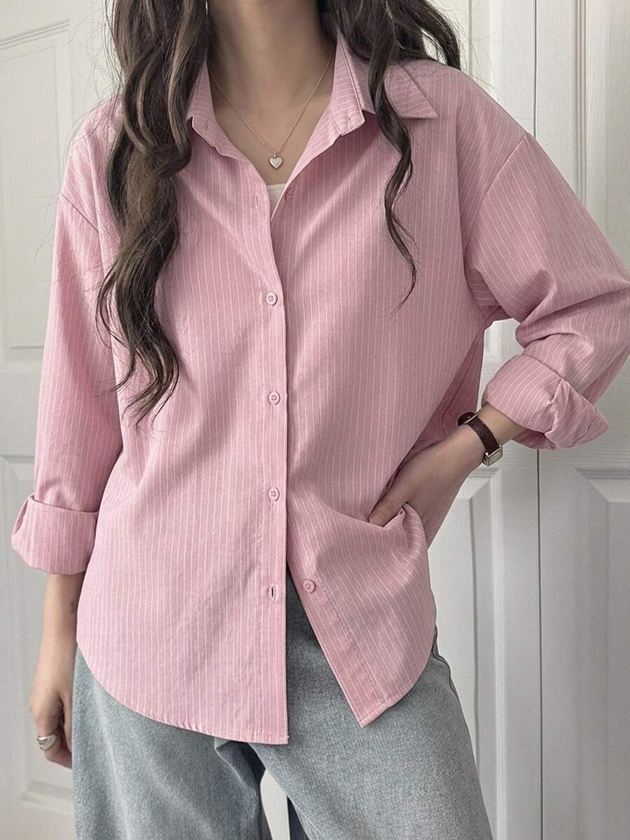 DAZY Casual Striped Loose Fit Drop Shoulder Long Sleeve Shirt, Spring/Summer,Fall Clothes - Baby Pink - View 1