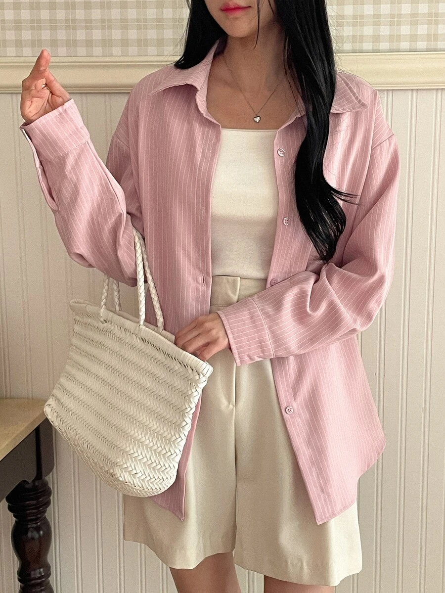 DAZY Casual Striped Loose Fit Drop Shoulder Long Sleeve Shirt, Spring/Summer,Fall Clothes - Baby Pink - View 1