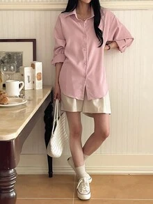 DAZY Casual Striped Loose Fit Drop Shoulder Long Sleeve Shirt, Spring/Summer,Fall Clothes - Baby Pink - View 7