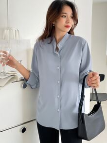 DAZY Women's Solid Color Simple Daily Long Sleeve Shirt - Blue - View 3