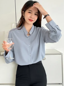 DAZY Women's Solid Color Simple Daily Long Sleeve Shirt - Blue - View 4