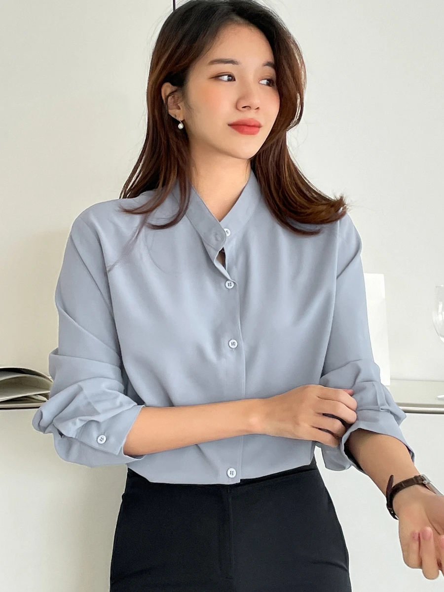 DAZY Women's Solid Color Simple Daily Long Sleeve Shirt - Blue - View 1