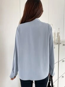 DAZY Women's Solid Color Simple Daily Long Sleeve Shirt - Blue - View 2