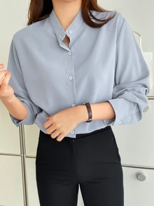 DAZY Women's Solid Color Simple Daily Long Sleeve Shirt - Blue - View 5