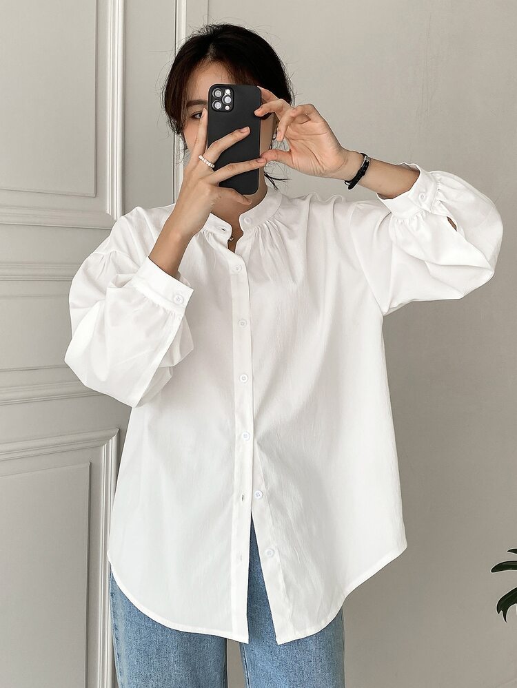 DAZY Solid Drop Shoulder Shirt,Fall Clothes,Back To School Clothes Long Sleeve Top - White - View 5