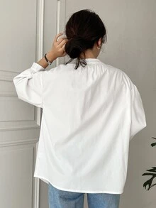 DAZY Solid Drop Shoulder Shirt,Fall Clothes,Back To School Clothes Long Sleeve Top - White - View 2