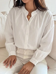 DAZY Solid Drop Shoulder Shirt,Fall Clothes,Back To School Clothes Long Sleeve Top - White - View 9