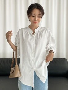 DAZY Solid Drop Shoulder Shirt,Fall Clothes,Back To School Clothes Long Sleeve Top - White - View 3