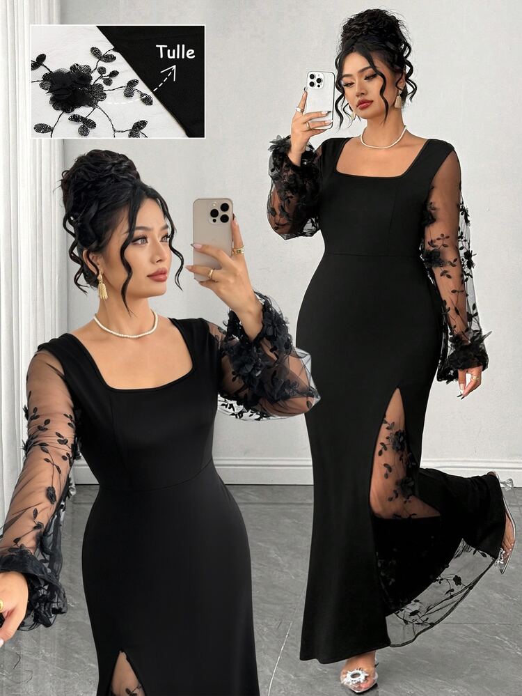 Elenzga Plus Size Women's Square Neck Stretch Tights Black Velvet With Metallic Lace And Glitter Sequins, Luxurious, Party Essential, Long Sleeves, Slit Hem, Above The Knee, Autumn And Winter, Elegant, Party Style, Long Lace Dress - Black - View 4