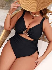 Swim Lushoire Summer Plus Size Women Solid Color Backless Sexy Bikini Swimsuit - Black - View 1