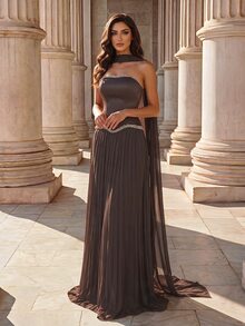Coutiva Women's Rhinestone Decor Ribbon Design Pleated Hem Elegant Formal Dress,Luxury Square Neck Sleeveless High-End Satin Bodycon Evening Gown Party Dress - Coffee Brown - View 5